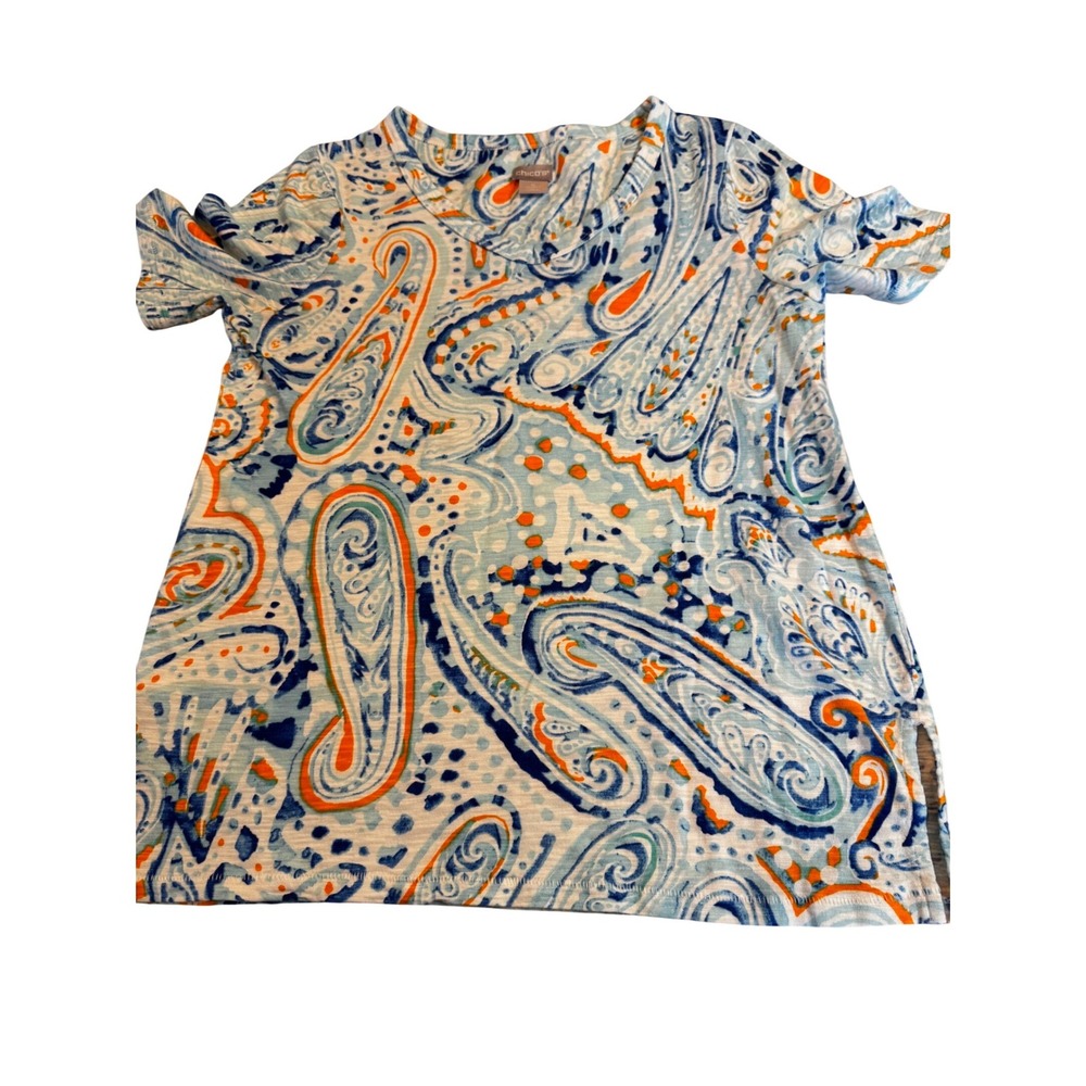 Chicos Blue Orange Paisley V-Neck Short Sleeve Slub Knit Top Size 0 S